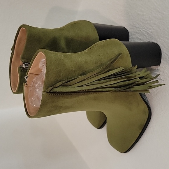 Women's Square Toe Chunky Block Heel Fringe Side Zipper Ankle Boots - Picture 5 of 7